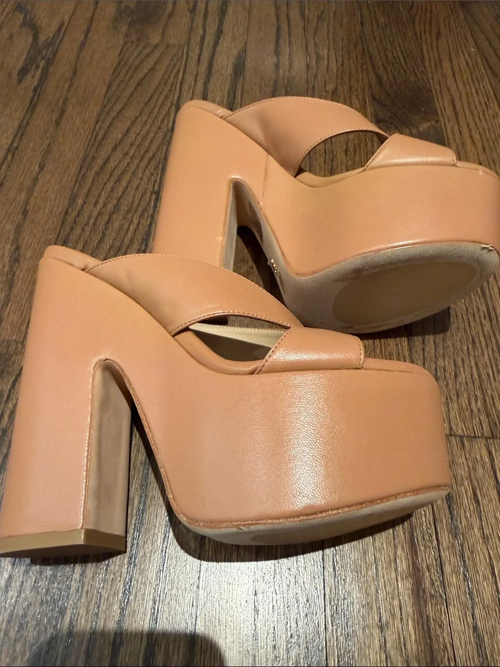 Stuart Weitzman Tan Leather Crisscross Platform Mules